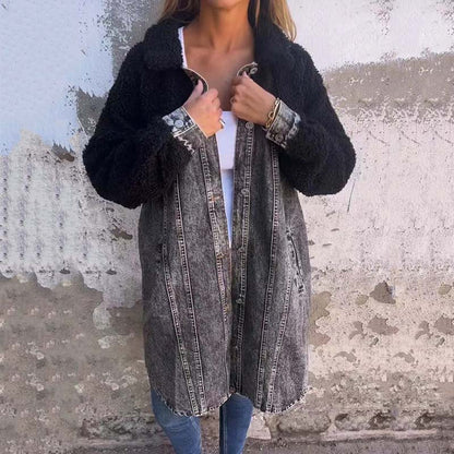 💖Jachetă de cămașă lungă din denim, căptușită cu Sherpa, pentru femei