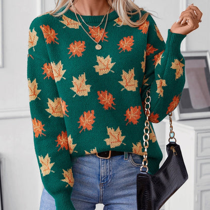 Pulover casual tricotat pentru femei cu model Maple Leaf🍂