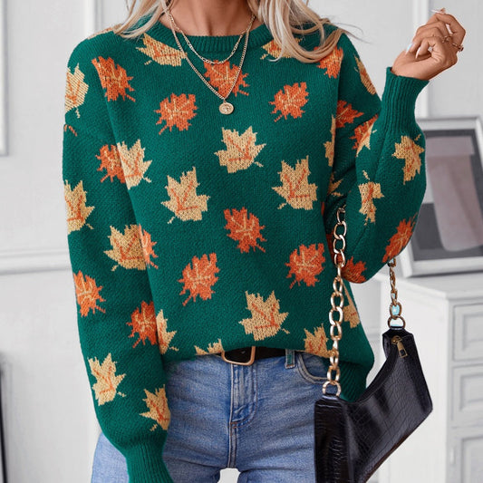 Pulover casual tricotat pentru femei cu model Maple Leaf🍂