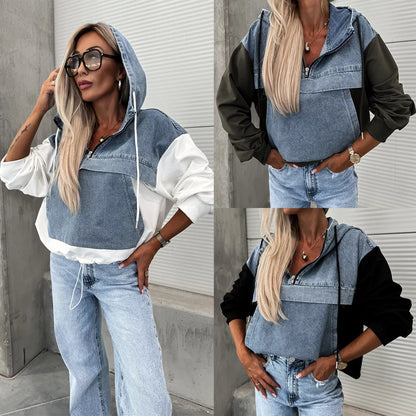 💕Femeii Stratificat Hoodie Denim Jacket cu cordon