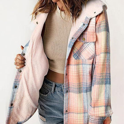 💖Femei îngroșat flanel lung maneca Plaid Jacket Hooded Coat