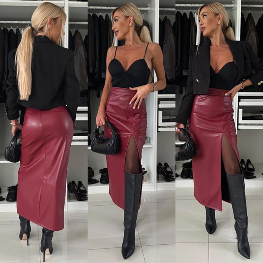 💟Femeii Elegant Sexy cu talie înaltă Thigh-slit fusta din piele