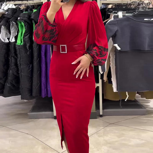 💖Rochie elegantă cu decolteu în V, de culoare roșie, pentru femei