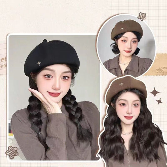 🎊Christmas Pre-sale - 60% Off🎊Vintage Beret Cap with Natural Wig Hair Extension